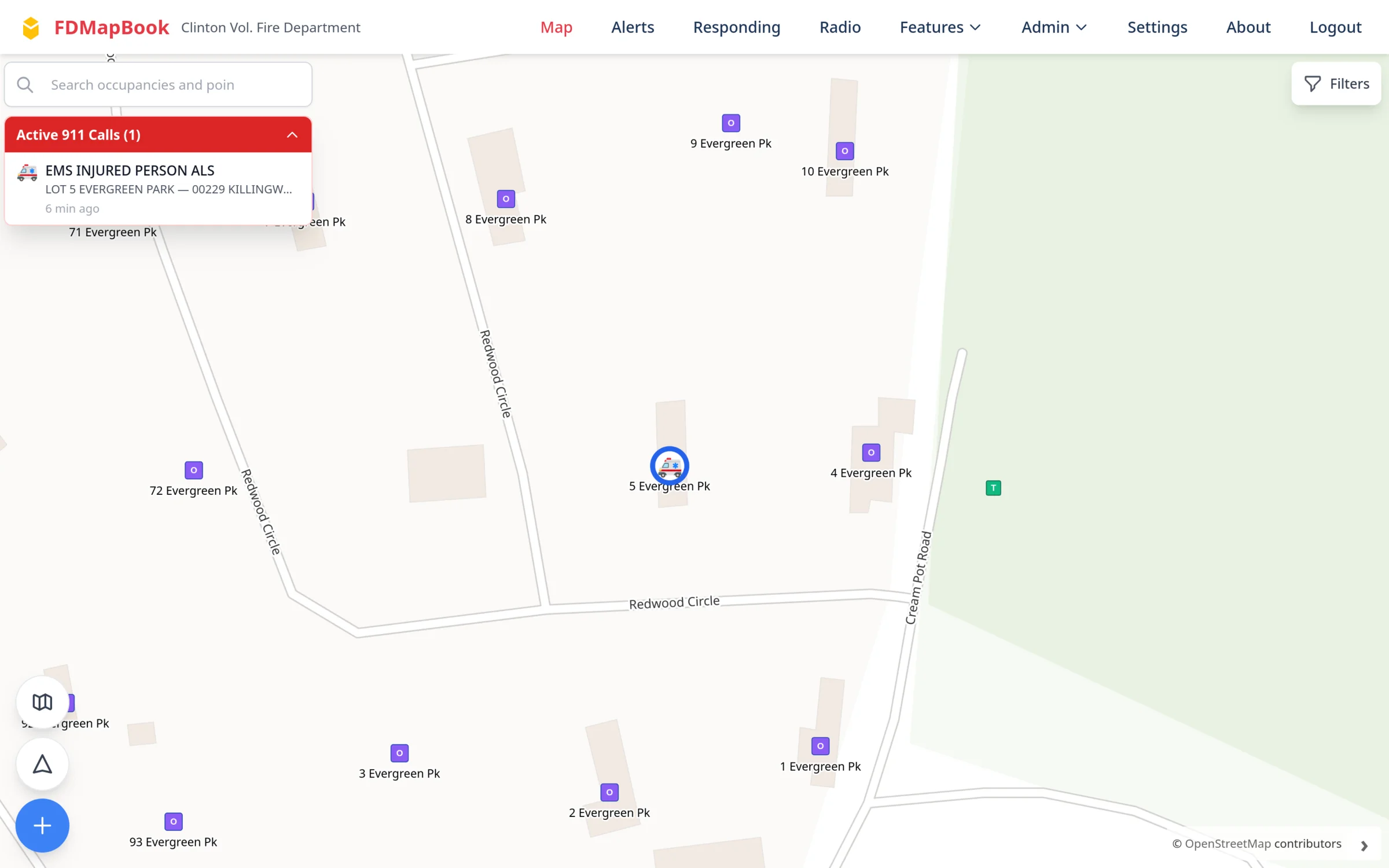 An Active 911 Calls panel showing the call type, address and age, with the call marked on the map