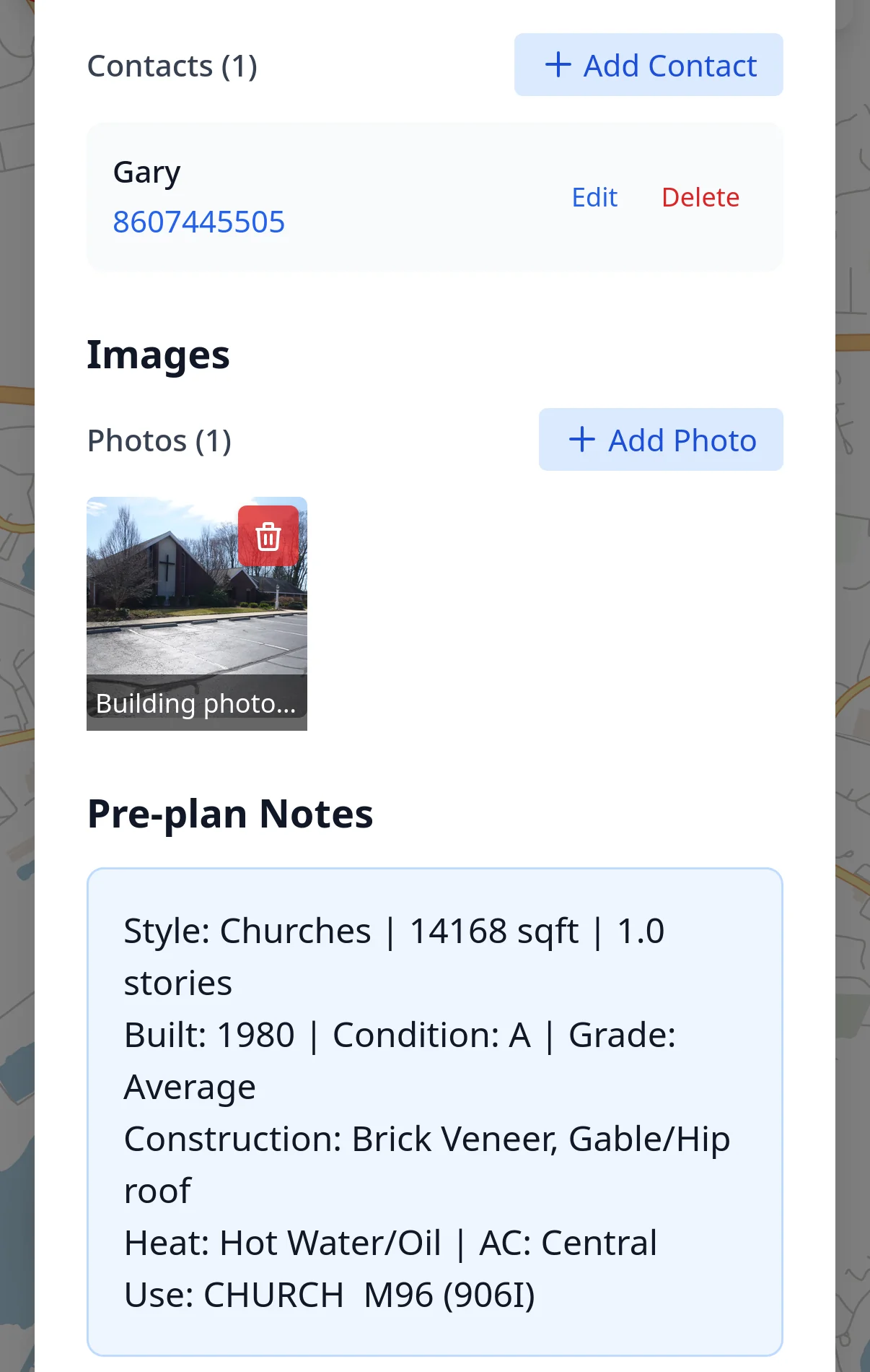 Occupancy record with a tap-to-dial contact, building photo and structured pre-plan notes