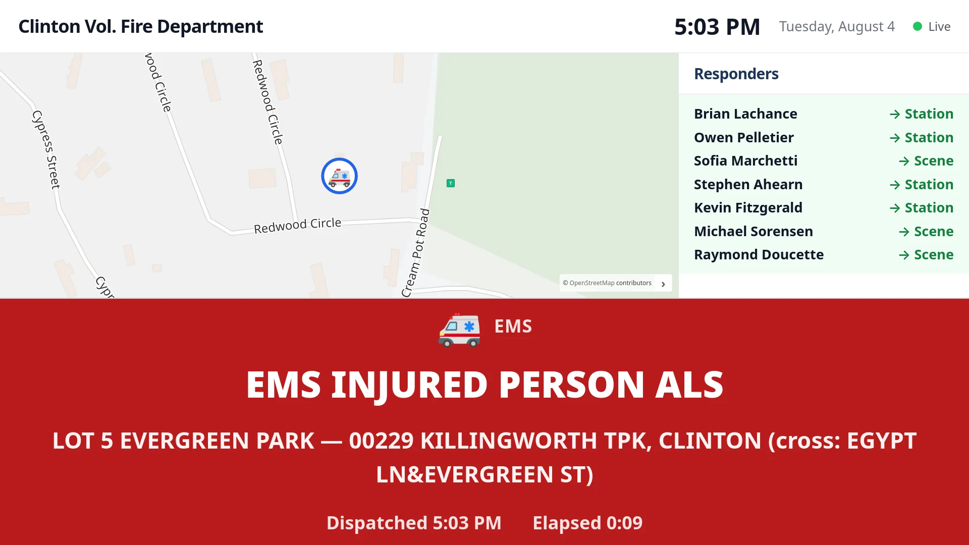 Station display in split mode: scene map, responders pane, and the dispatch banner